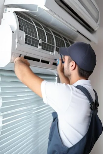 Technicien nettoyant ou remplaçant le filtre d'un climatiseur intérieur.