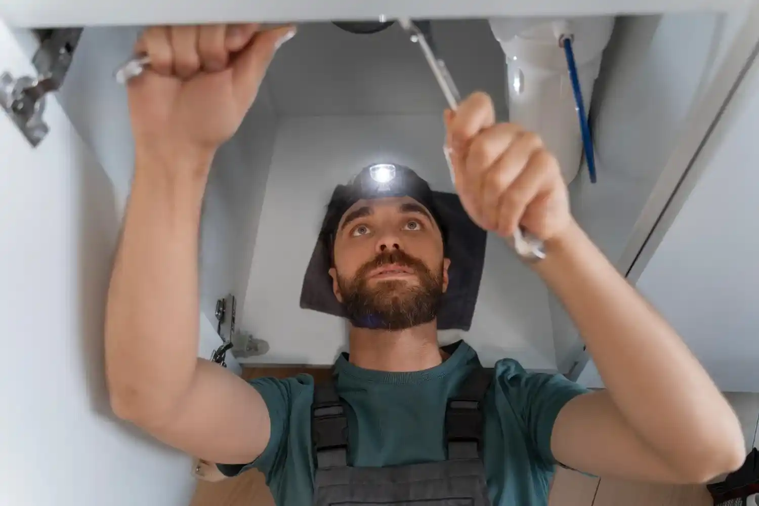 Technicien utilisant une lampe frontale pour réparer les tuyaux sous un évier.